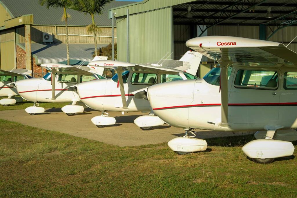 Cessna Aeroplanes parked in a row